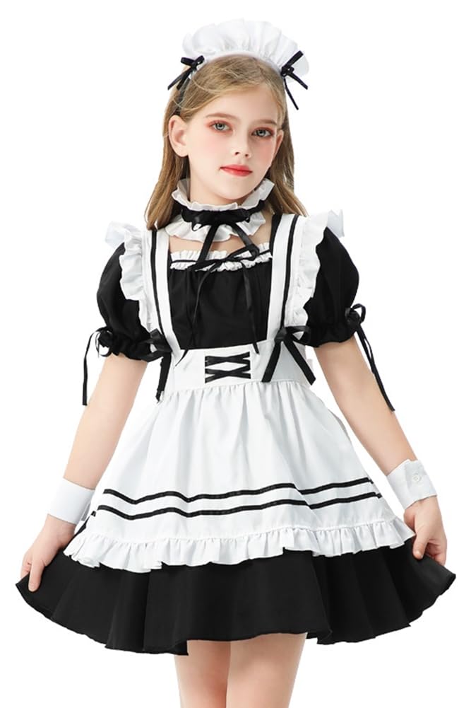 Madrugada Maid Costume for Deluxe Set Halloween Tattoo Elementary School S811 Girls, 7-Piece (Dress, Choker, Headband, Apron, Cufflinks, Socks,