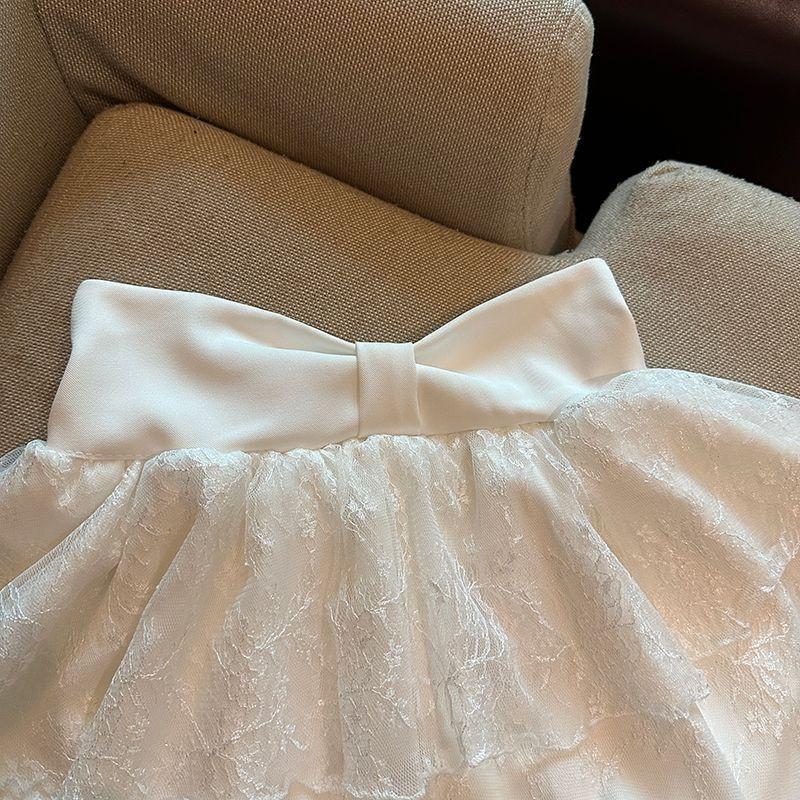 White A-Line Tulle Skirt With Lace Trim High Waist Short Teen Girls Casual Wear