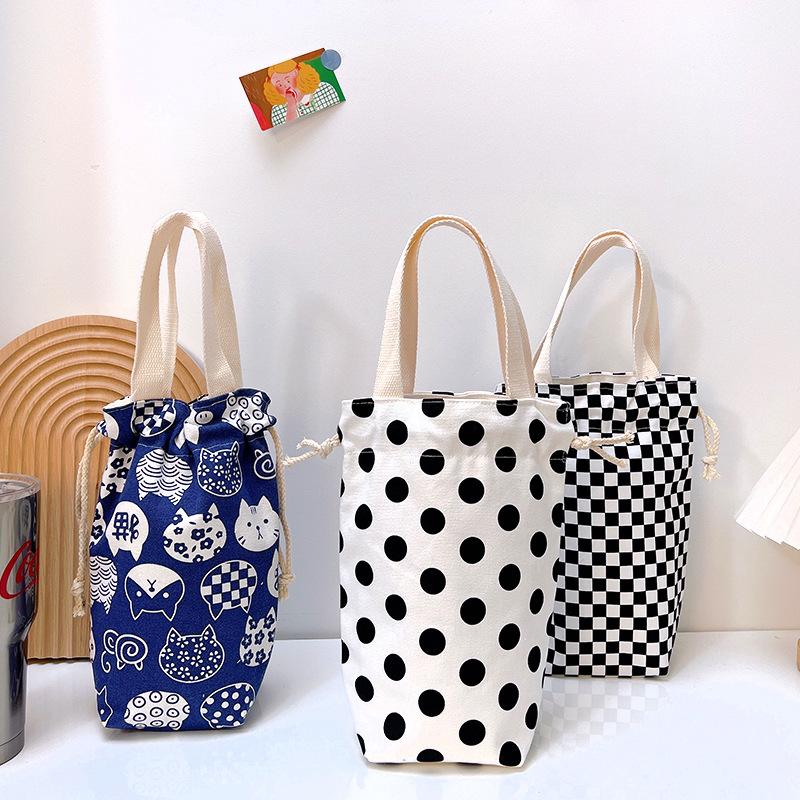 Portable Canvas Insulator Sleeve Bag Case Thermos Pouch Cartoon Pictures Closing Drawstring Storage Bag Vacuum Cup Set
