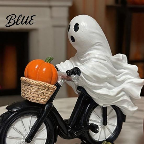 Detailed Resin Ghost Figurine Halloween Riding Motorcycle Figurine Novelty Rider Artistic Craft Statue with Pumpkin for Indoor Home Desk Tabletop