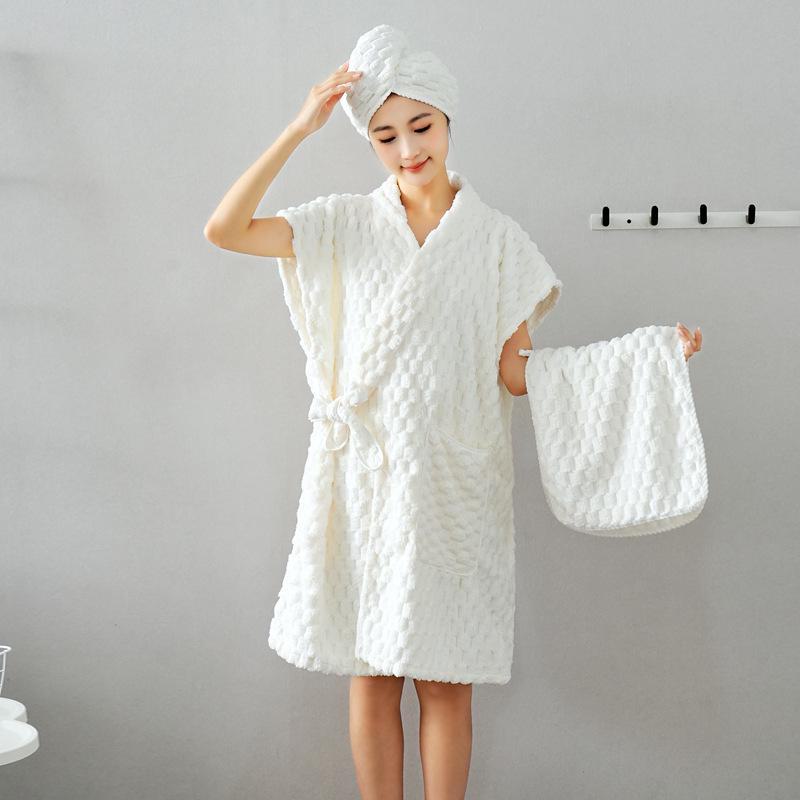 

Комплект халатов из кораллового флиса для взрослых — быстросохнущее, впитывающее воду, увеличенное банное полотенце, ночная рубашка для пар из 3 предметов для отелей. 35*75cm towel