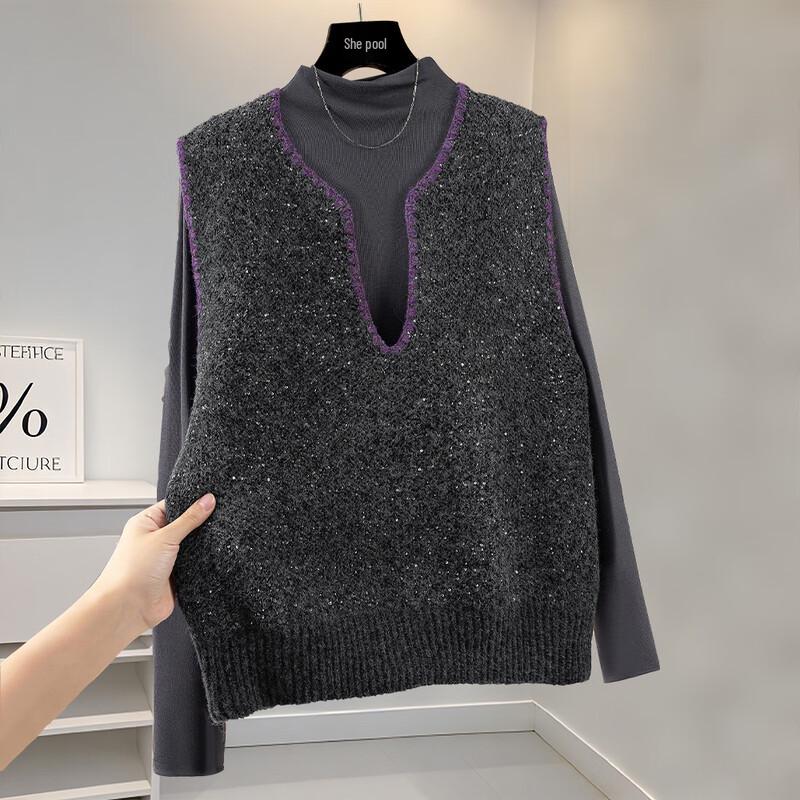 

Женский блестящий вязаный жилет с V-образным вырезом из смесовой пряжи ягненка M