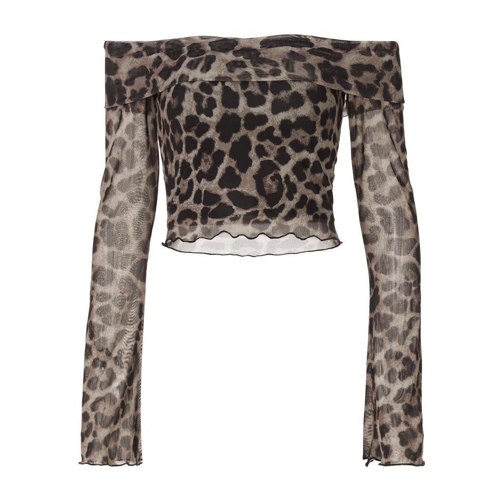 2025 European & American Women's Leopard Print One-Shoulder Semi-Sheer Long-Sleeve Top.