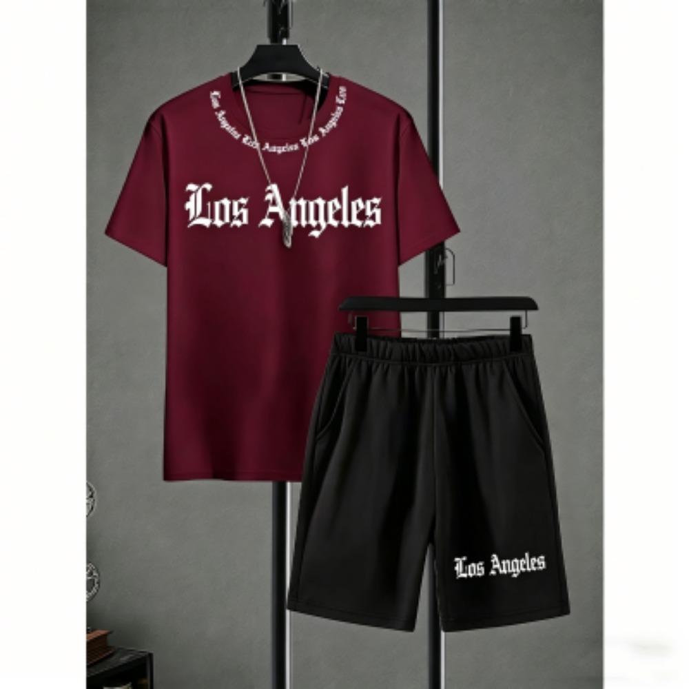 Men's Set Letter Printed Men's T-shirt and Shorts 2 Piece Set Summer Casual Outdoor Men's and Women's Outfit Clothing