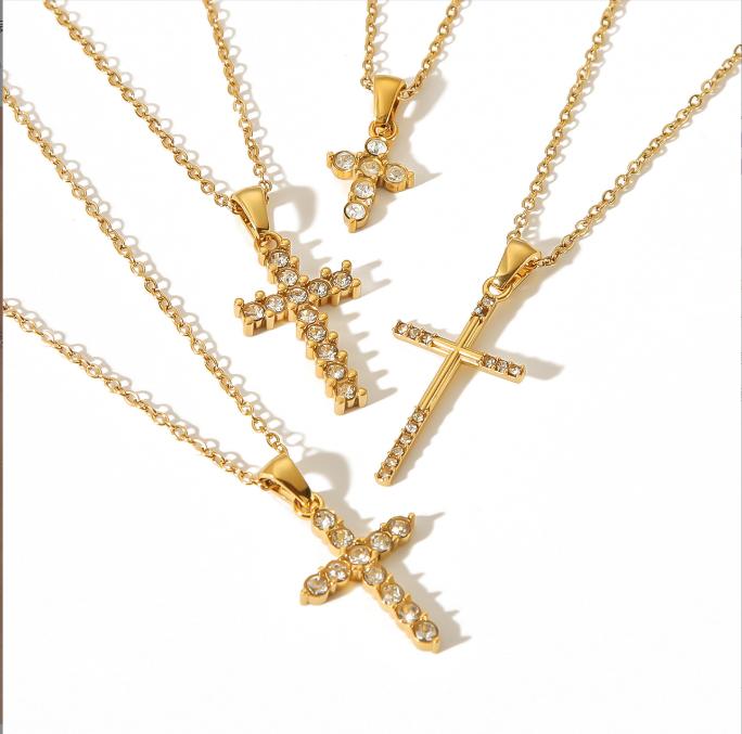 New 18K Gold Stainless Steel Cross Inlaid with Zircon Necklace, Personalized, Fashionable and High-end Pendant