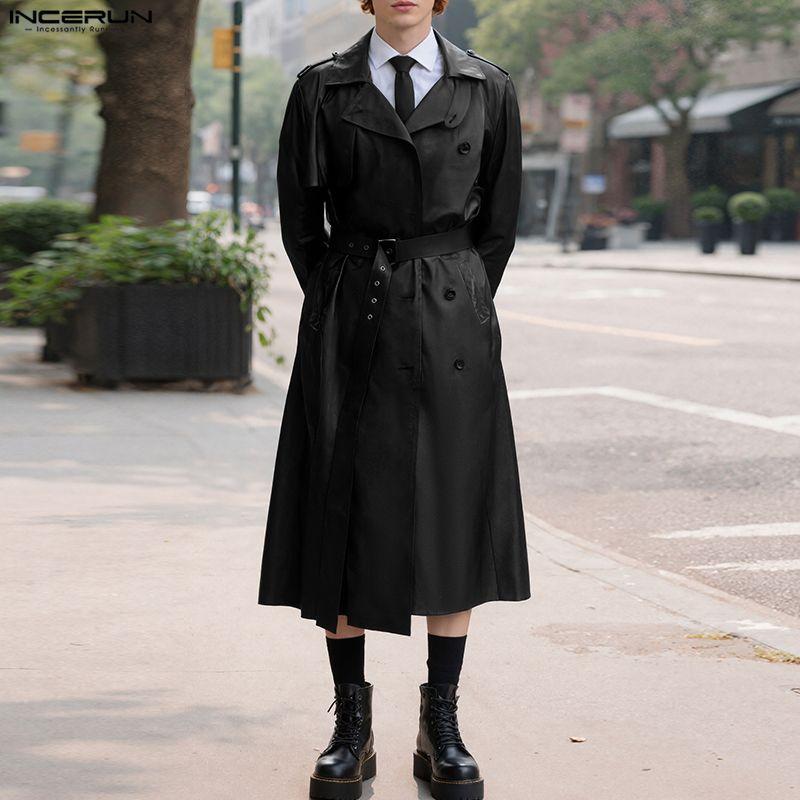 INCERUN Winter Men Long Sleeve Long PU Leather Coats Overcoat Outerwear