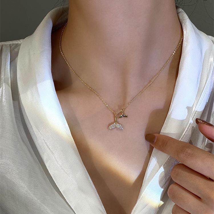 Temperament Micro-Inlaid Zircon Fish Tail Necklace Collarbone Chain The Same Mermaid Tail Double Tail Collarbone Chain