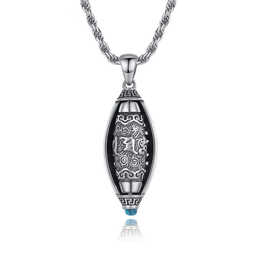 S925 sterling silver lucky transshipment six-character mantra turquoise nine-eye dzi beads pendant necklace retro men and women turn