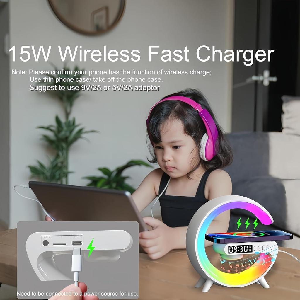 LED Table Lamp with Wireless Charger, Mini G Atmosphere Lamp with Bluetooth Speaker, Night Light Lamp Sunrise Alarm Clock, Smart Light Sound Machine