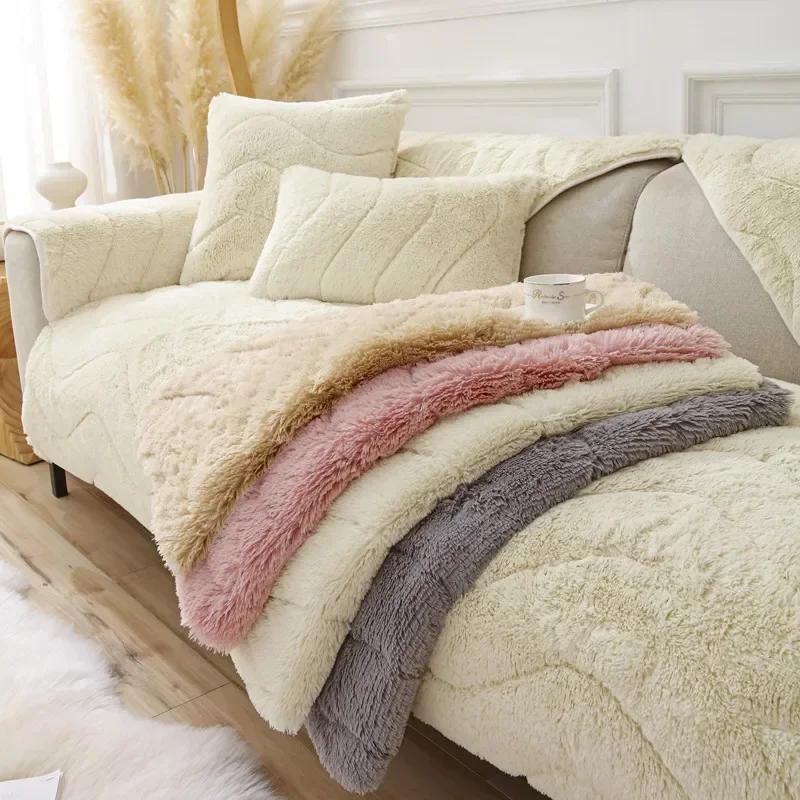 Nordic Plush Sofa Cushion Solid Color Sofa Cover Quilting Thicken Warm Sofa Towel Anti Slip Armrest Backrest Pillow Living Room