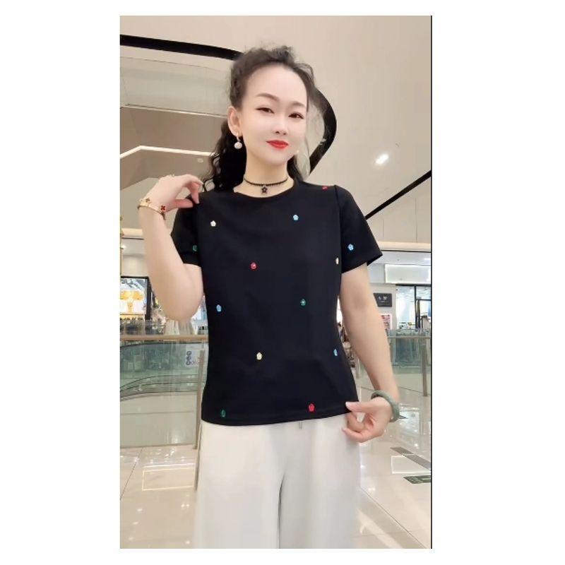 

Small Top Big Design! Skin-friendly Breathable Tencel Cotton round Neck Three-Dimensional Embroidery New T-shirt Women Summer with Wide Pants Black 2XL