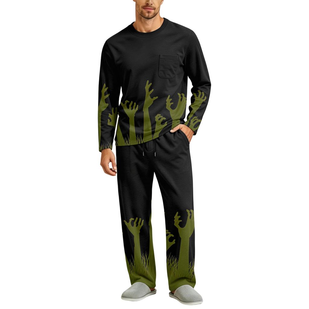 Men's Halloween Pajama Set Long Sleeve with Button Crotch and Elastic Waist Drawstring for Holiday Sleepwear