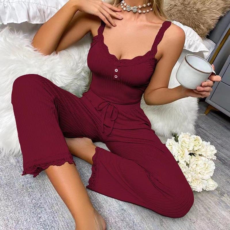 Summer Lace Sexy Casual Pajamas Set For Women Black Solid Color Suspenders Long Trousers Sexy Lounge Set Sleepwear 2 Pcs