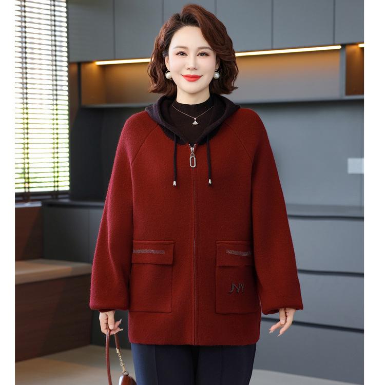 Middle-aged and Elderly Women's Fashion Coat Mother's Autumn and Winter Coat Loose Casual Sweater Coat Hooded Zipper Cardigan