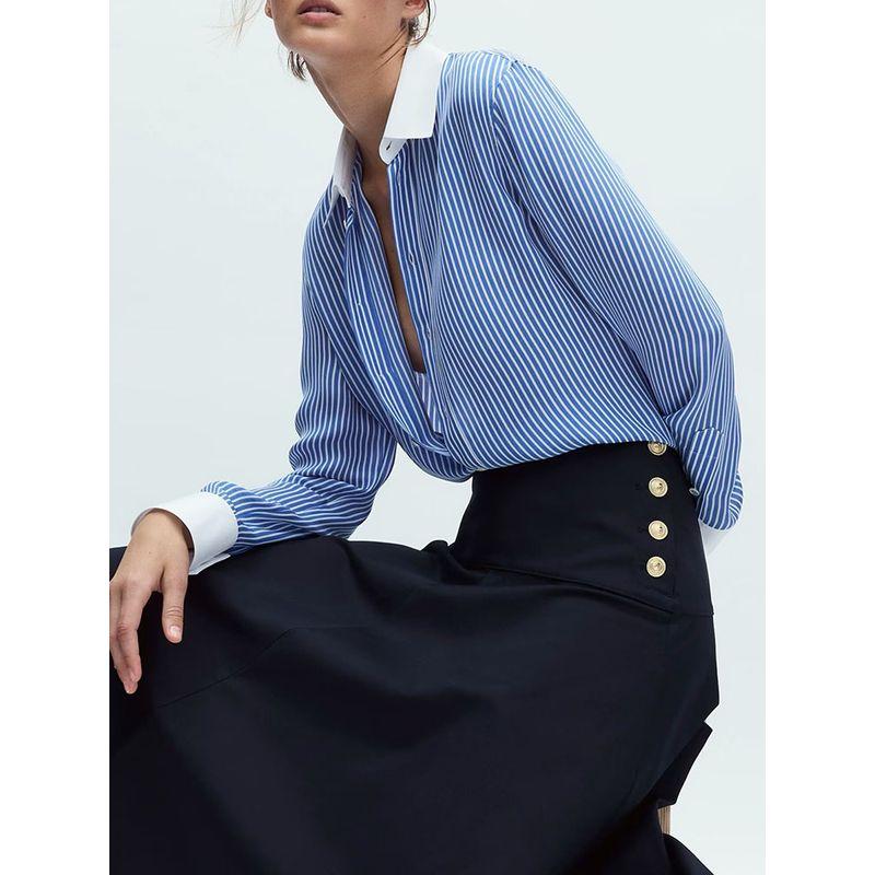 Za2025 Spring New Women Clothes Casual All-matching Color Matching Stripe Lapel Long Sleeve Shirts 2586039 044