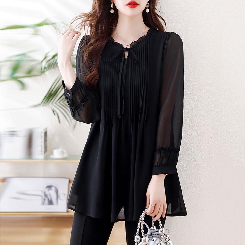 2026 Spring and Autumn New Large Size Tummy-Covering Slimming Top with Stylish Design, Chiffon Long-Sleeve Women's Top