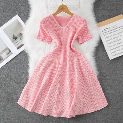 Letnie damskie eleganckie nadruki różowy sweter z dzianiny mini krótkie sukienki typu pullover