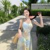 French Romantic Smudged Chiffon Temperament Seaside Vacation Dress Summer Oil Painting Flying Sleeves Slim Fairy Long Dress