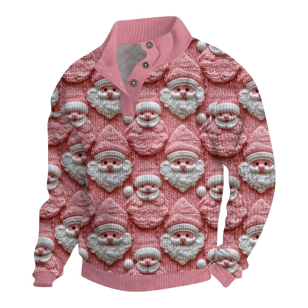 Men's Christmas Cotton Pullover Long Sleeve Outdoor Shirt Vintage Corduroy Button Stand Collar Shirt Casual Sweatshirt Christmas Print Top