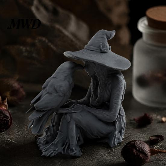 Unique Halloween Gift 3D Printed Witch Statue, Gothic And Raven Sculpture, Retro Style Room Decor Mystical Figurine for Home Desktop Shelf Mantel