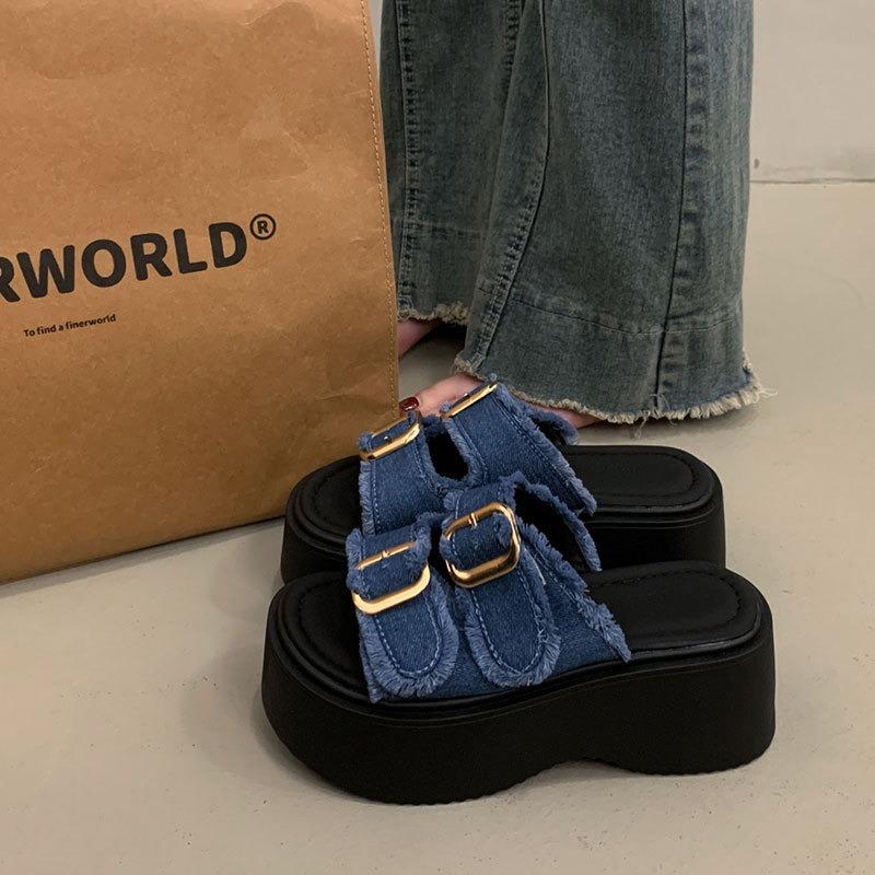 JX thick-soled muffin sandals women's new versatile height-increasing denim slippers sports cool slippers