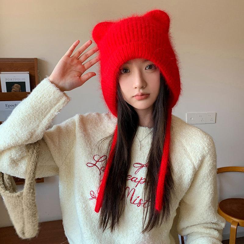 Cute Ears Autumn and Winter Wool Rabbit Hair Straps Candy-colored Wool Hat Bag Head Ear Protection Knitting with Student Warm Girl