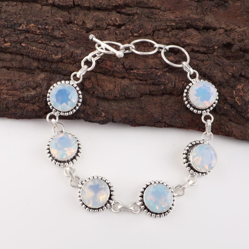 Natural Milky Opal Gemstone 925 Sterling Silver Jewelry Handmade Bracelet 7-9" RB-17-15