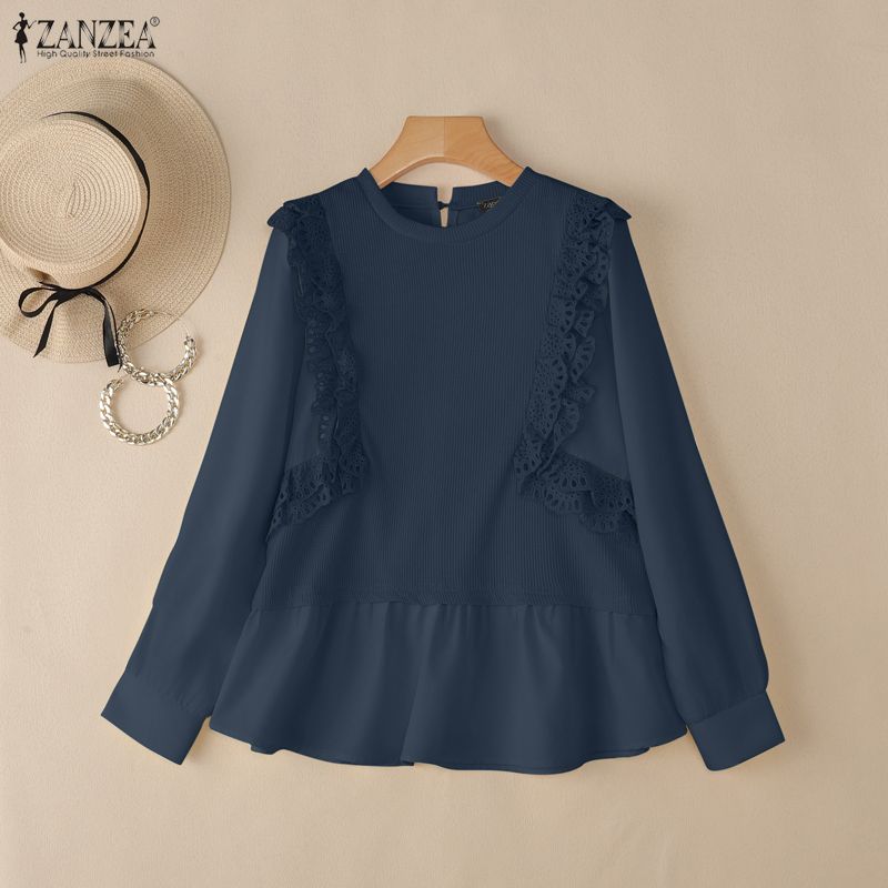 ZANZEA Women Casual Round Neck Long Sleeve Loose Patchwork Blouse