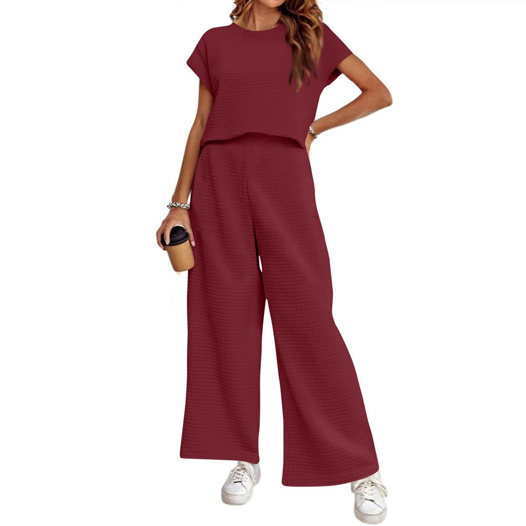 Women's Sports Casual Two-piece Suit Round Neck Short Sleeve Wide Leg Sports Pants Casual Suit