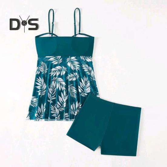 2Pcs/Set Tankini Set Adjustable Straps Padding Underwire Bandeau Tops Boxer Briefs Set Mesh Splicing Design Beach Swimwear