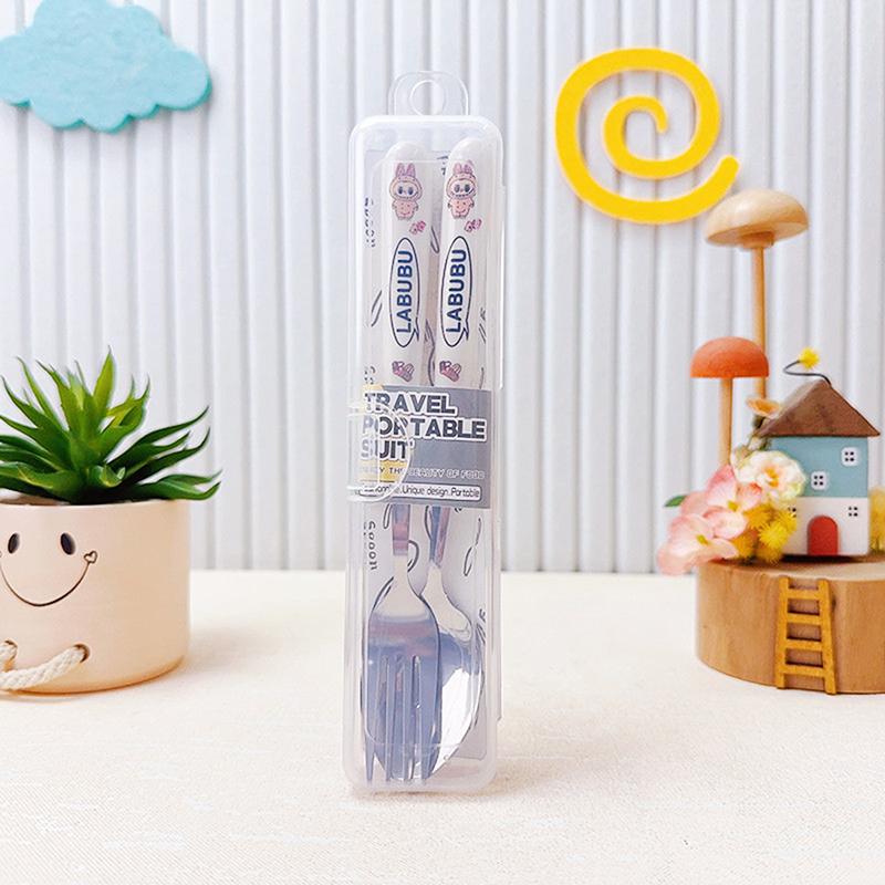 

Милый набор детской посуды из нержавеющей стали Labubu из двух предметов, детская посуда с ручками из ПП, портативная вилка и ложка, детские товары