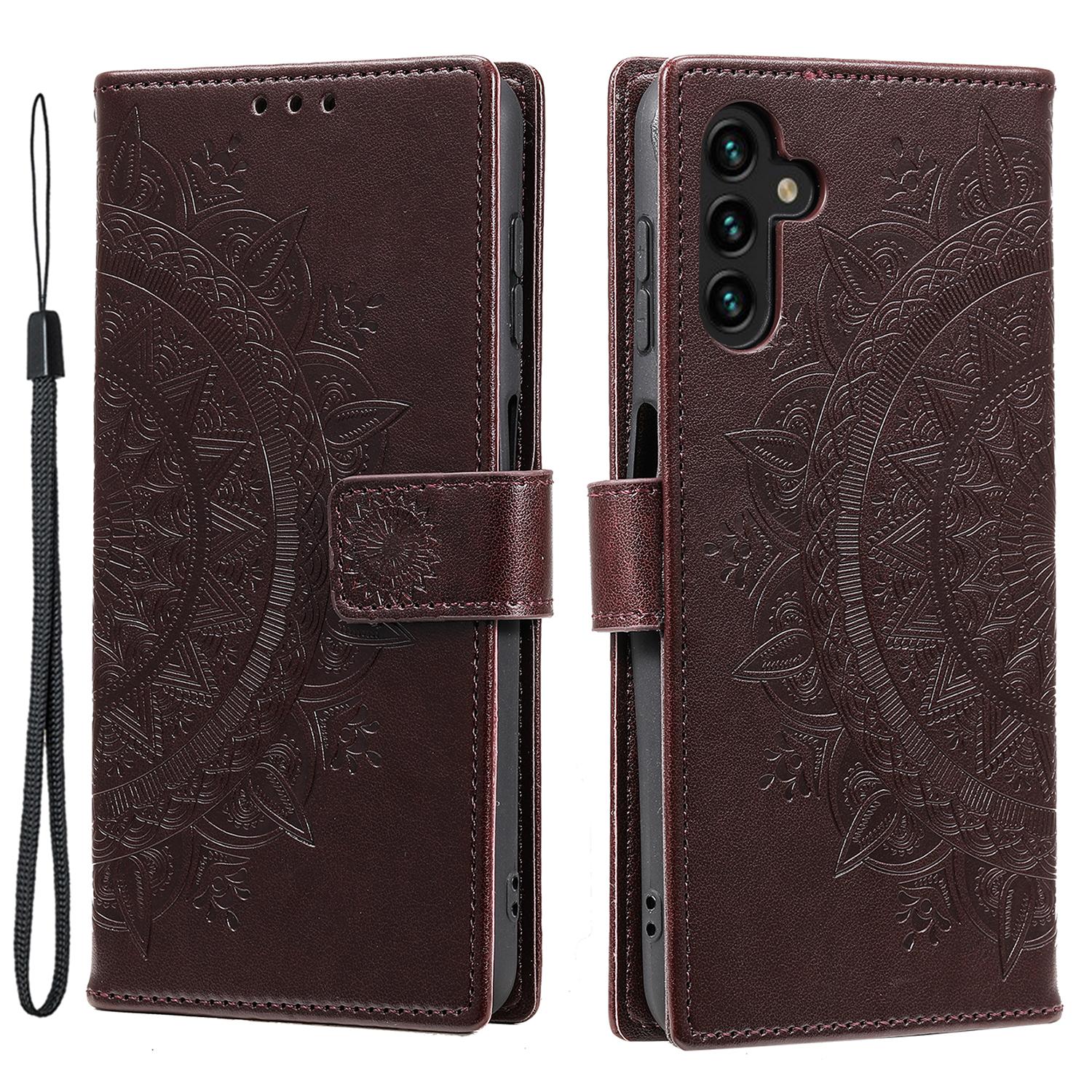 

For Samsung Galaxy A25 5G (Global) (161.0 x 76.5 x 8.3mm) PU Leather Stand Cover Imprinted Flower Wallet Phone Case with Strap Brown