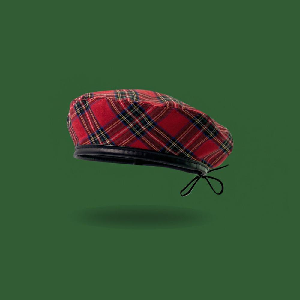 Y2K Tartan Plaid Beret Drawstring Artist Hat Fashion Newsboy Cap Autumn