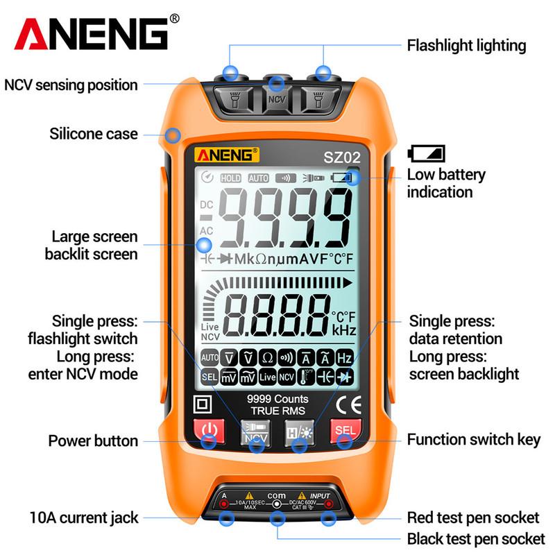 ANENG SZ02 Smart Digital Multimeter 9999 Counts True RMS Auto Electrical Capacitance Meter Temp Resistance Transistor Testers