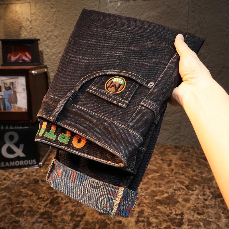 Pánské volné rovné strečové džíny s výšivkou - Trendy podzimní styl 2025 ležérní dlouhé kalhoty