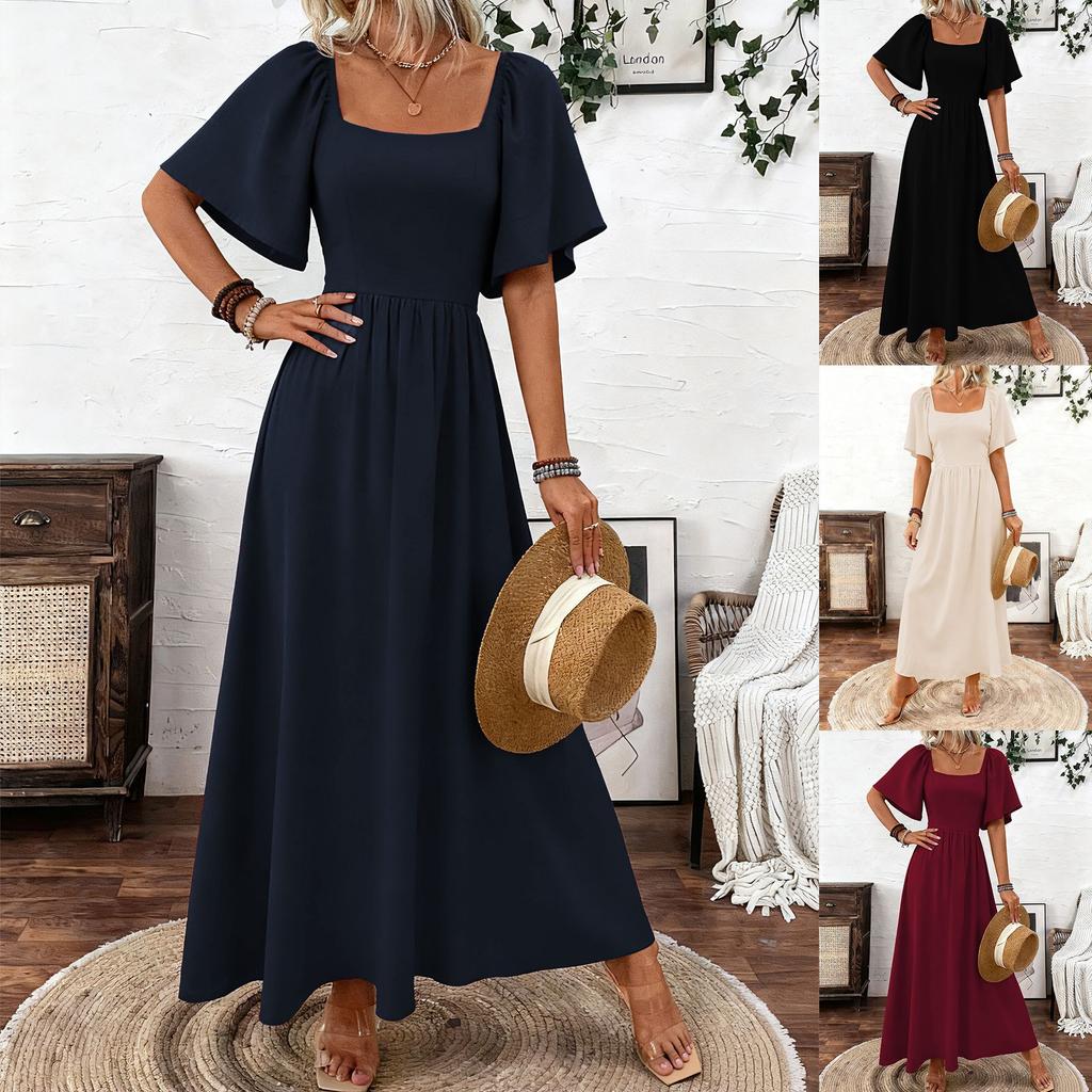 Women's Flutter Sleeve Maxi Dress Square Neck Mid Waist Elegant Solid A Line Dress Bohemian Beach Vacation Evening Gown
