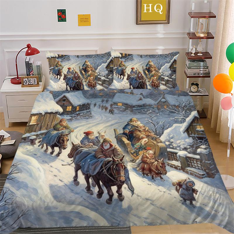 Christmas Snow Scene 3D Printed Polyester Pillowcase Quilt Cover Two Or Three Piece Set
