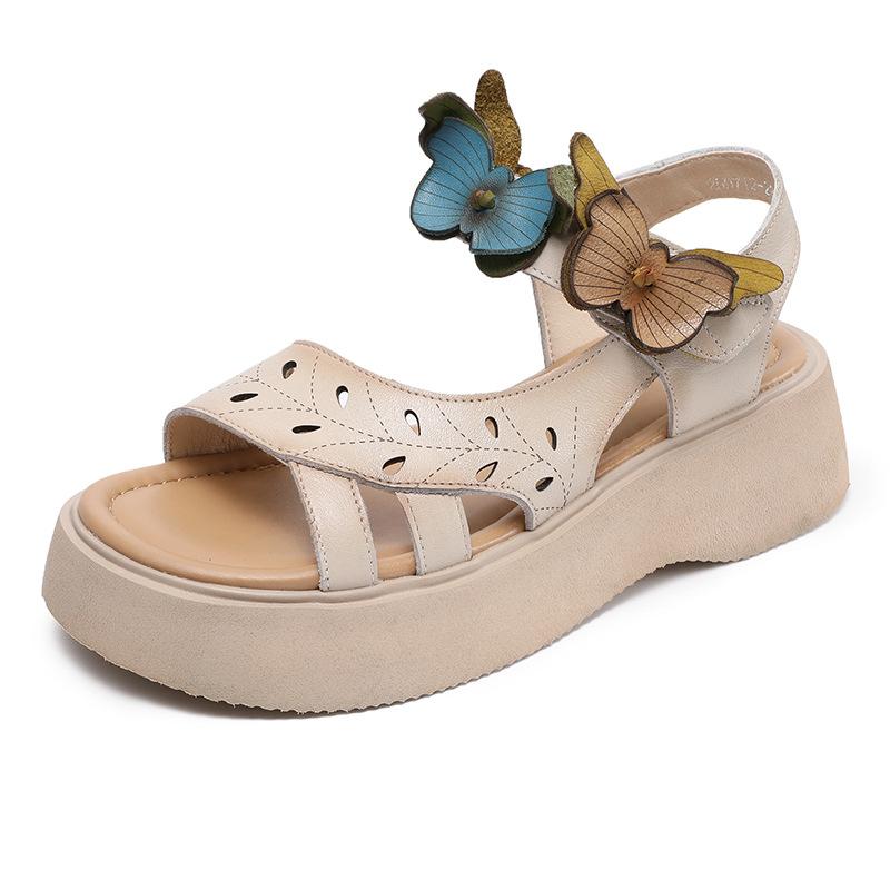 

Johnature Ретро Натуральная Кожа Пип-Тоу Римские Сандалии Универсальные Мягкая Подошва Женская Обувь на Платформе 38 бежевый