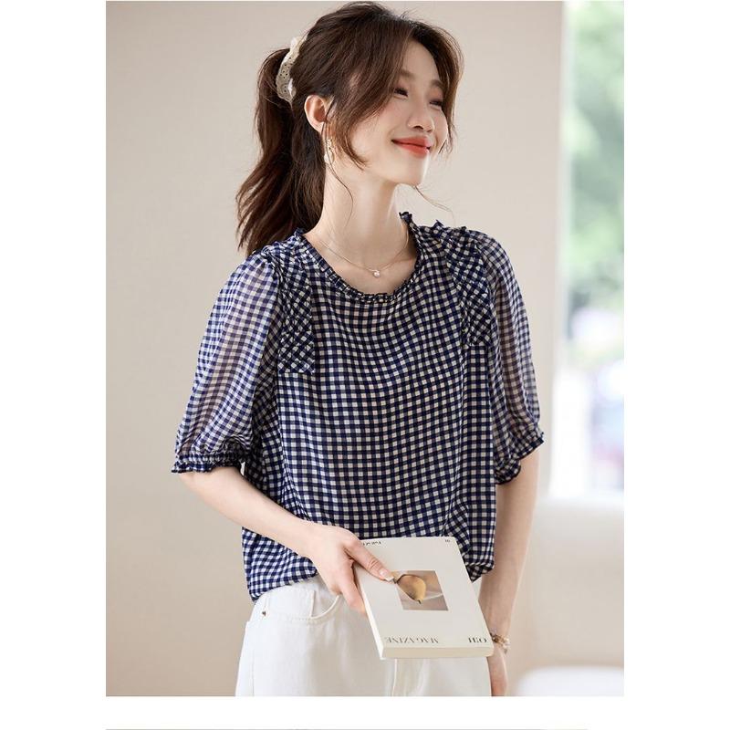 Καλοκαιρινό Νέο Στυλ Chic Καρό Ζιφον Μπλουζάκι Γυναικείο Φαρδύ Casual Κοντομάνικο Όλο-Ταίριασμα Στρογγυλή Λαιμόκοψη Μπλούζα Μικρό Πουκάμισο