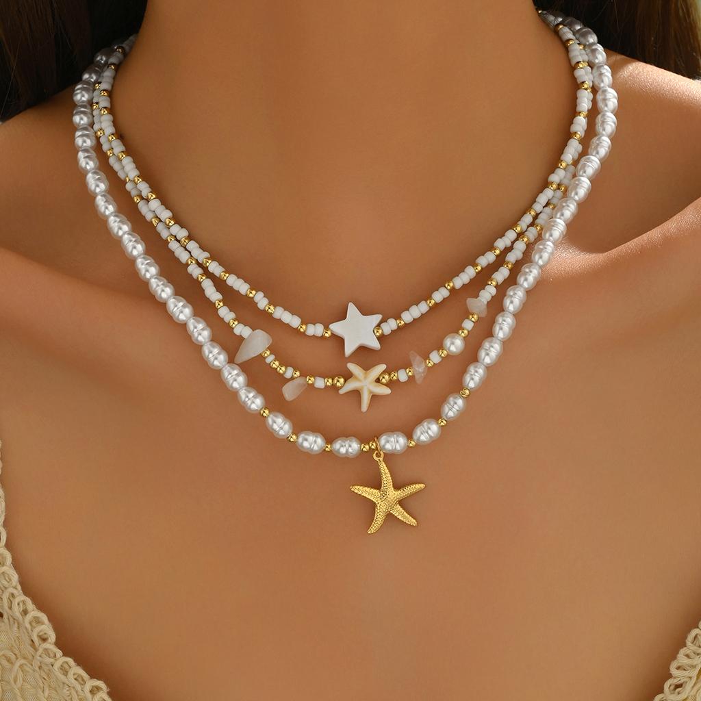 Bohemian Beach Rice Beads Imitation Shell Starfish Pendant Multi-layer Necklaces Women's Vacation Wind Holiday Accessories Gift
