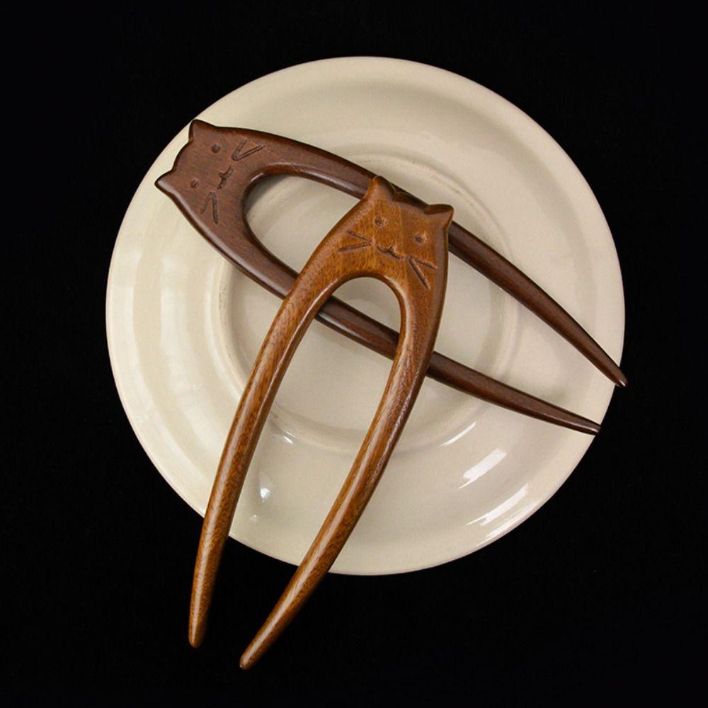 Wooden Cat Pattern Hair Sticks Chinese Style Hanfu Hairpin New U Shaped Hair Forks  Women Girls