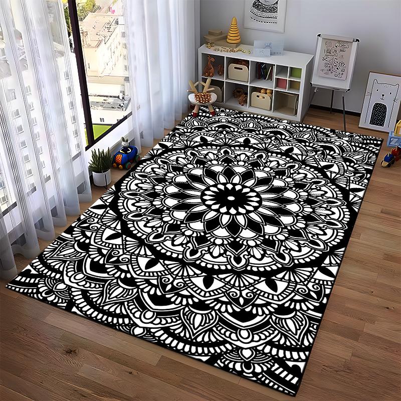 Black and White Mandala Design Rug Non-slip rug suitable for living room and bedroom sofas