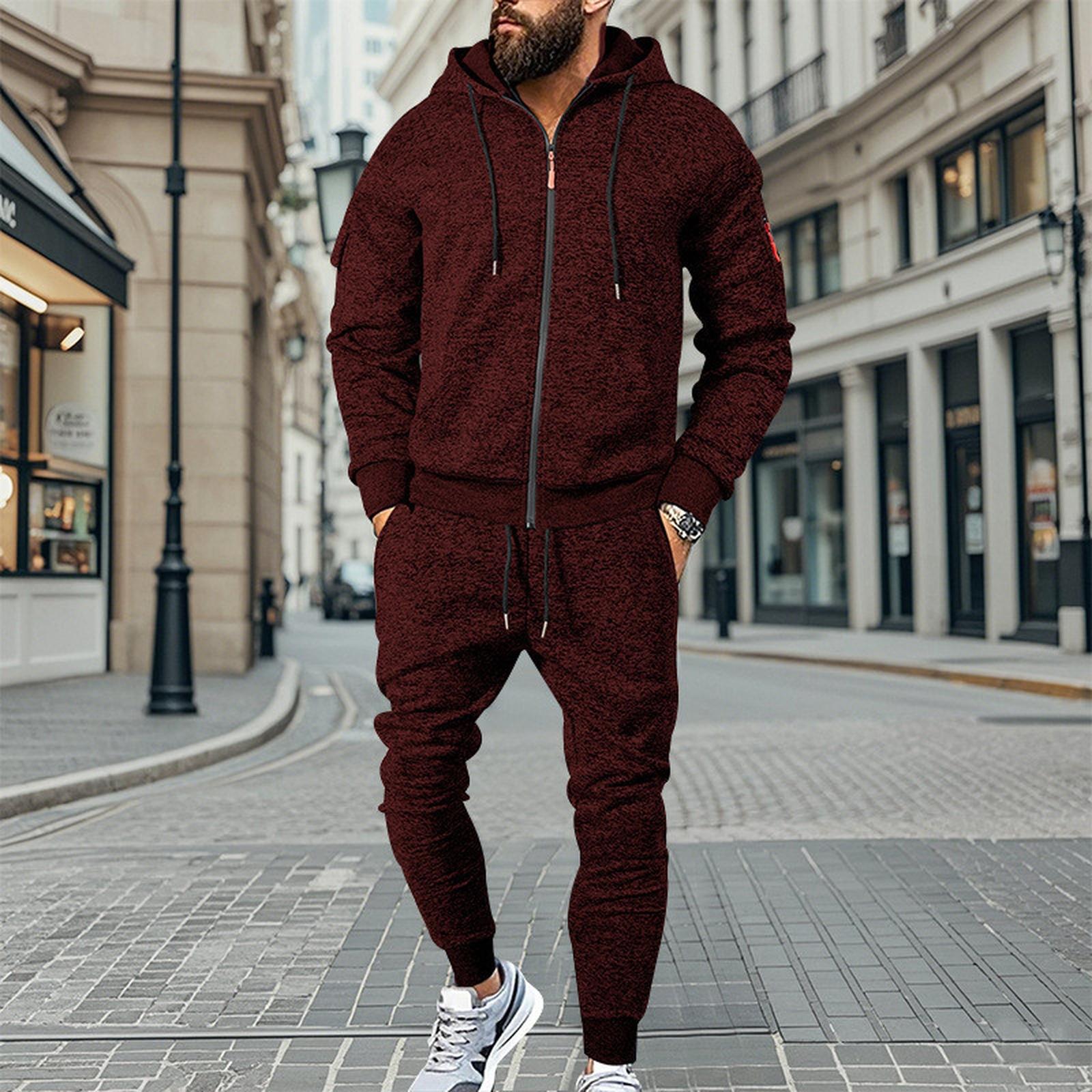 

Мужское худи с несколькими карманами, капюшоном и длинными рукавами, повседневный спортивный костюм-двойка XL винный