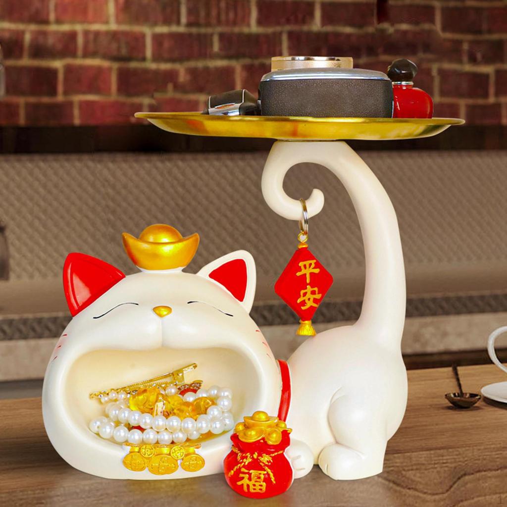 Funny Cat Statue Tray Key Holder Desk Sundries Container Sculpture Storage