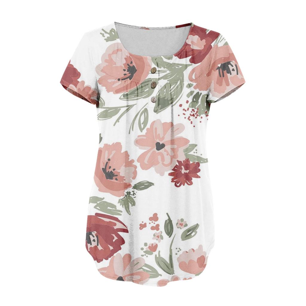 Damen-Pullover, lässig, modisch, Übergröße, bedruckt, kurzärmelig, Knopfleiste, V-Ausschnitt