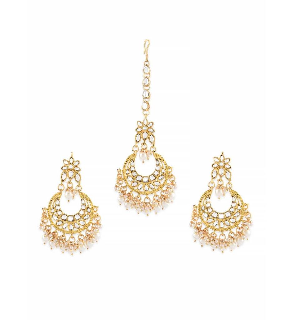 Gold Tone Kundan & Pearls Traditional Earring & Maangtikka Set For Women