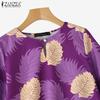 ZANZEA Blouse d'été décontractée à col rond et manches 3/4 amples à fleurs pour femmes