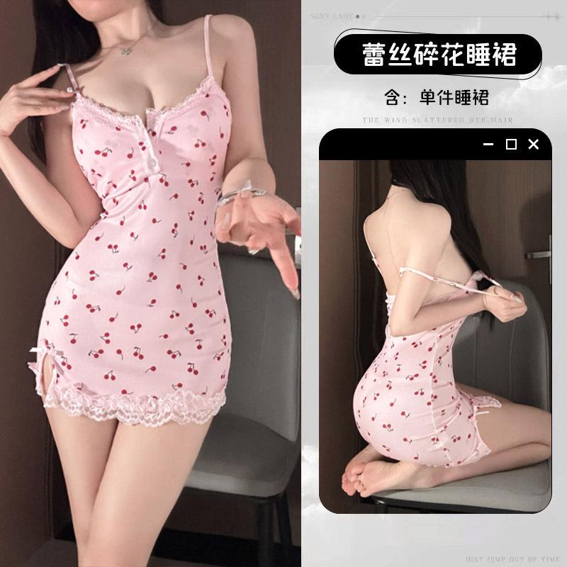 Pink cherry girl pure desire splicing lace print sweet tight hip wrap dress cute woman