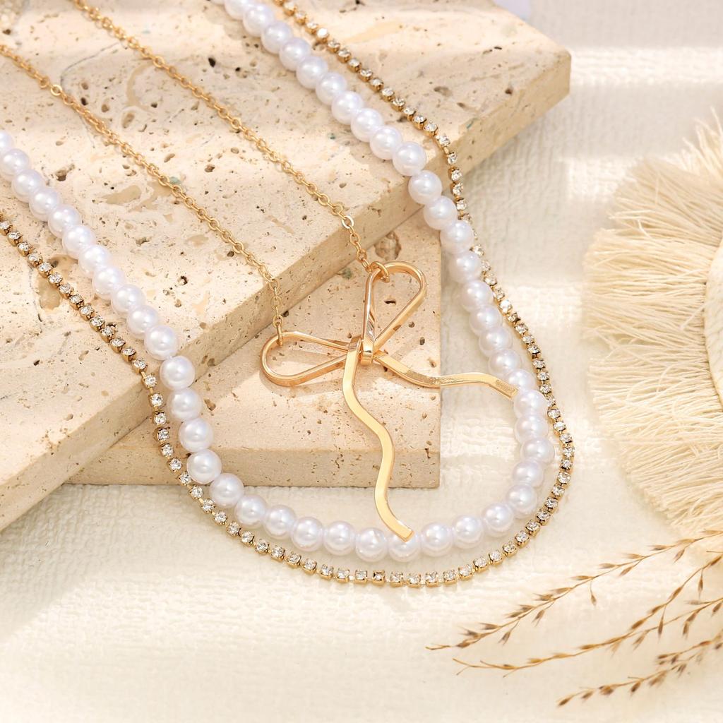 Jewelry Retro Imitation Pearl Multi-layer Chain Stacked Necklace Versatile Temperament Bow Collarbone Chain Women