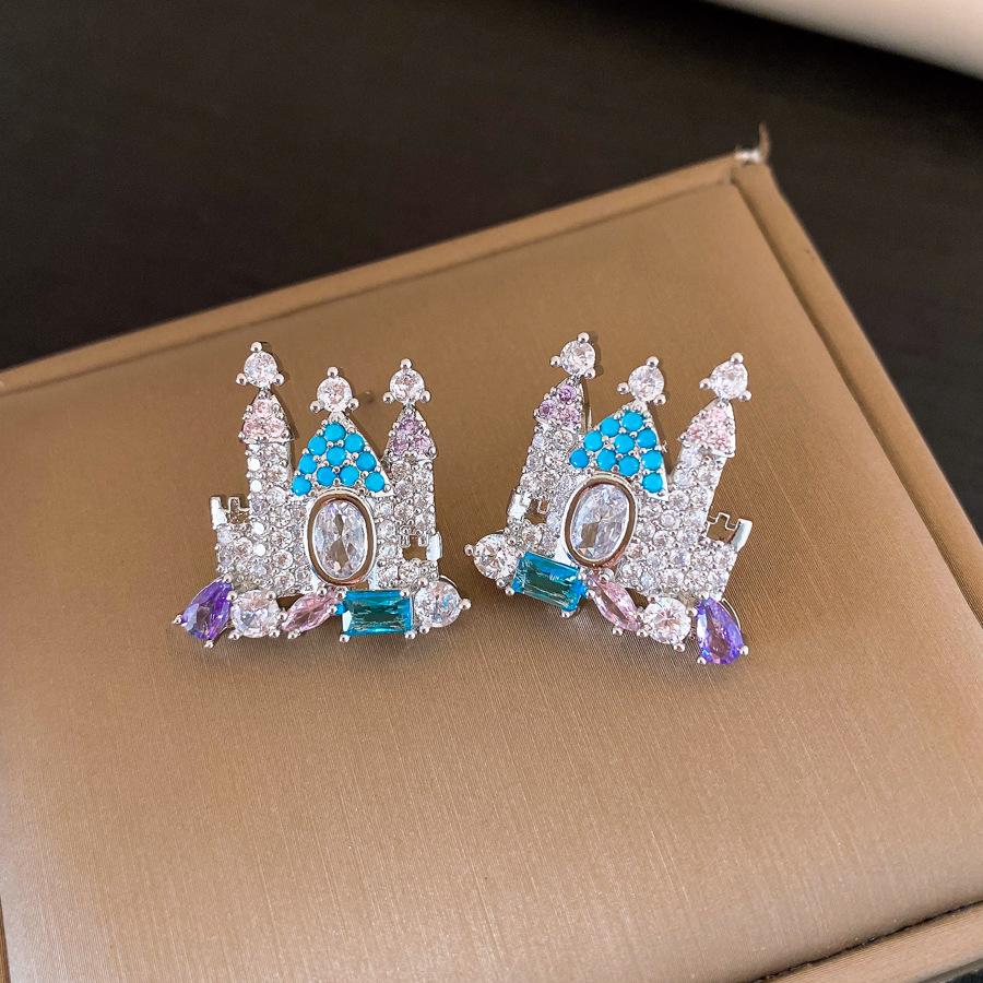 French court style zircon geometric castle earrings stud earrings exquisite personality earrings